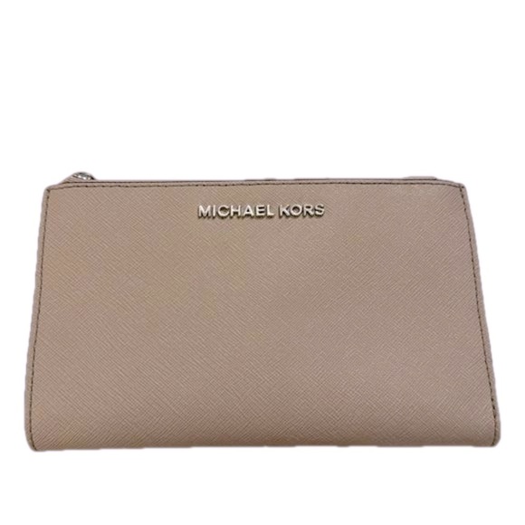 MICHAEL KORS Jet Set Double Zip Phone Wallet Pearl Grey Saffiano Leather - Picture 1 of 7